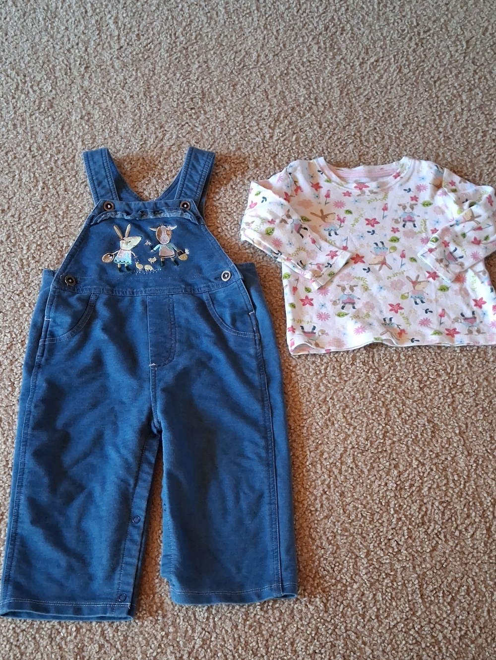 John Deere 12M Baby Girl Blue Soft Denim Overalls with Bunny Cow Floral Shirt